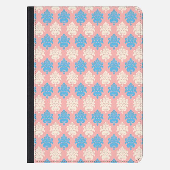 vintage chic pastel coral blue ivory damask pattern