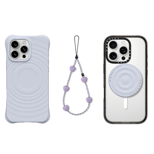- - 3-in-1 Essentials Set - Ripple Case - Periwinkle - iPhone 16 Pro Max & Heart Phone Charm - Lavender Heart & Snappy Ripple Grip Stand (Misty Lilac)
