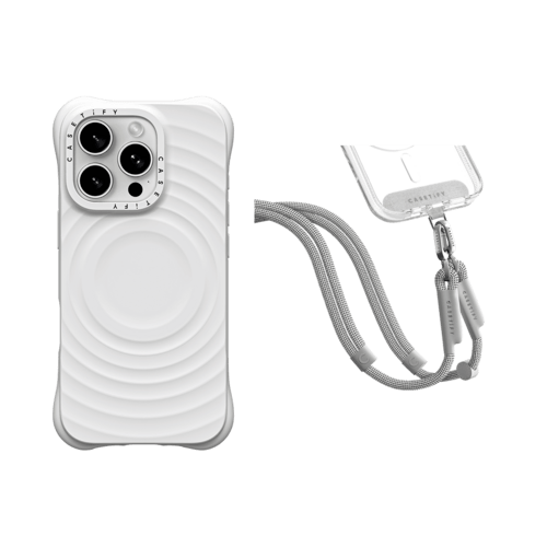 - - 2-in-1 Essentials Set - Ripple Case - White - iPhone 16 Pro & Rope Cross-body Strap - Heather Grey (Double End)