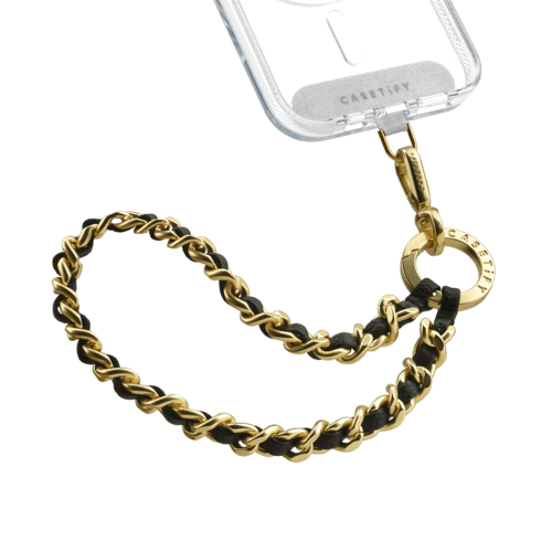 - - Leather Chain Wrist Strap -  Black in Champagne Gold