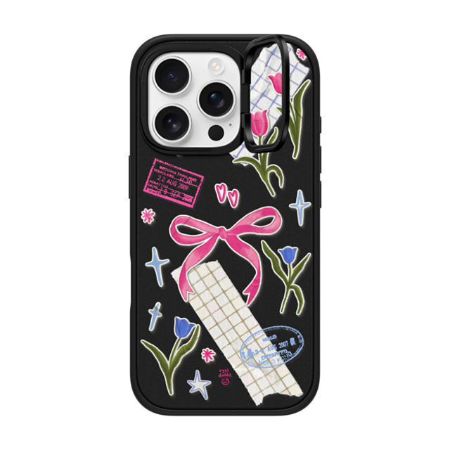 Eggsdoodz x CASETiFY iPhone 16 Pro ケース マットブラック インパクトリングスタンドケース MagSafe対応 Ribbons And Tulips