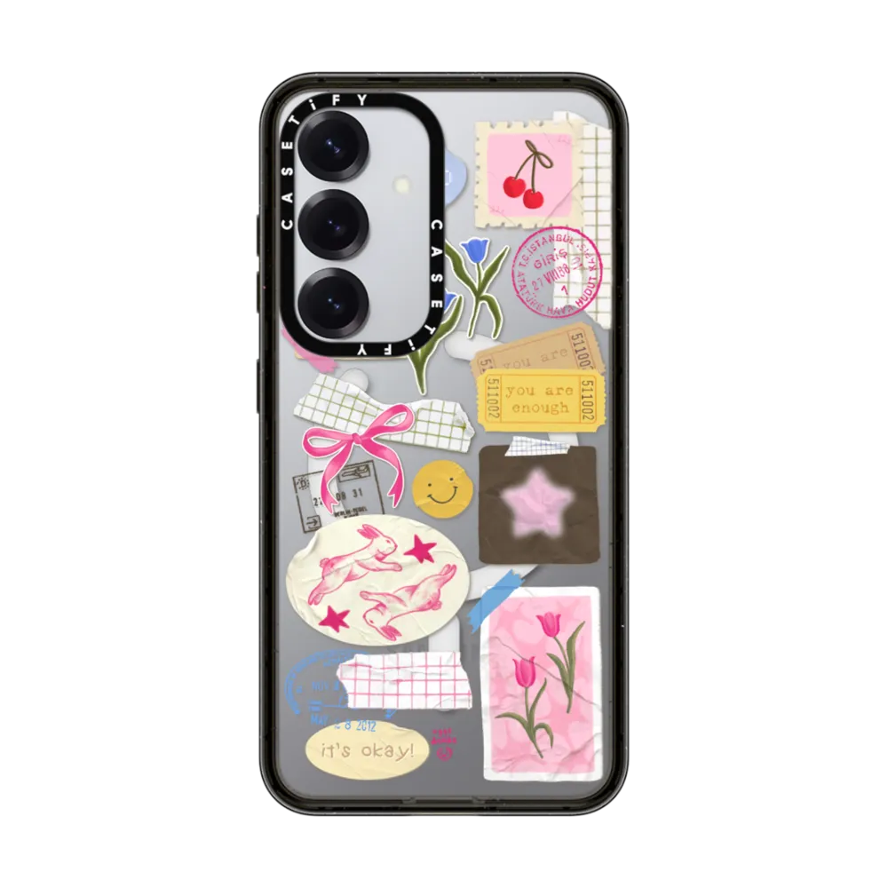 A black phone case with pink graphics on it