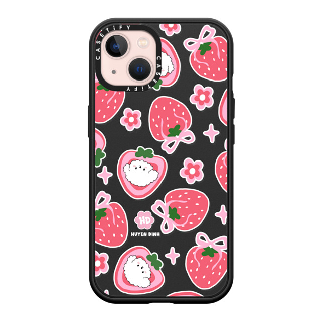 Huyen Dinh x CASETiFY iPhone 13 ケース マットブラック インパクトケース MagSafe対応 Bichon Bibo Dog and Strawberry Bow Pattern