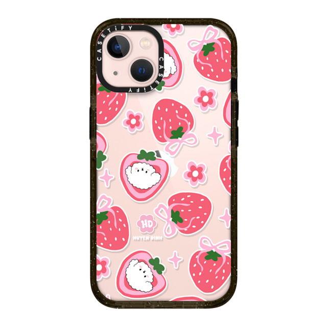 Huyen Dinh x CASETiFY iPhone 13 ケース ブラック インパクトケース Bichon Bibo Dog and Strawberry Bow Pattern