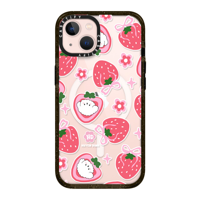 Huyen Dinh x CASETiFY iPhone 13 ケース ブラック インパクトケース MagSafe対応 Bichon Bibo Dog and Strawberry Bow Pattern