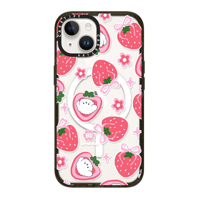 Huyen Dinh x CASETiFY iPhone 14 ケース ブラック インパクトケース MagSafe対応 Bichon Bibo Dog and Strawberry Bow Pattern