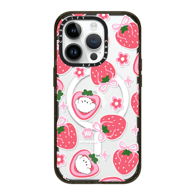 Huyen Dinh x CASETiFY iPhone 14 Pro ケース ブラック インパクトケース MagSafe対応 Bichon Bibo Dog and Strawberry Bow Pattern