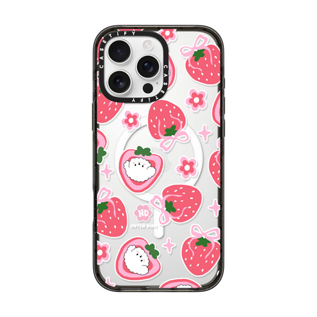 Huyen Dinh x CASETiFY iPhone 16 Pro Max ケース ブラック インパクトケース MagSafe対応 Bichon Bibo Dog and Strawberry Bow Pattern