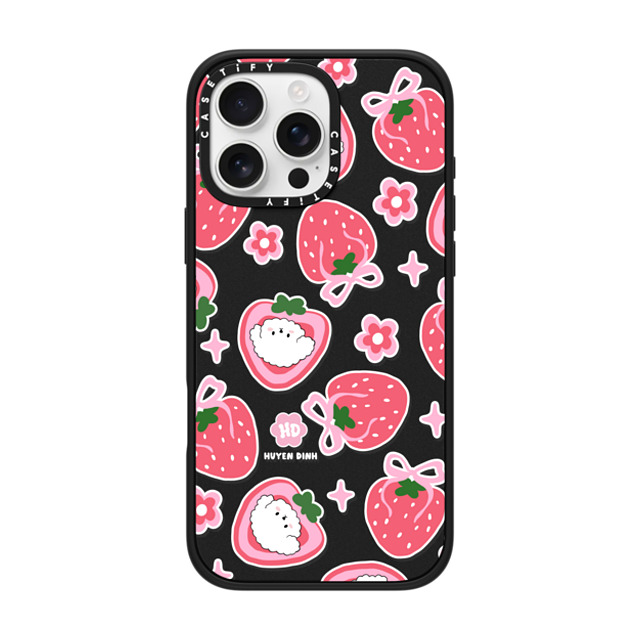 Huyen Dinh x CASETiFY iPhone 16 Pro Max ケース マットブラック インパクトケース MagSafe対応 Bichon Bibo Dog and Strawberry Bow Pattern