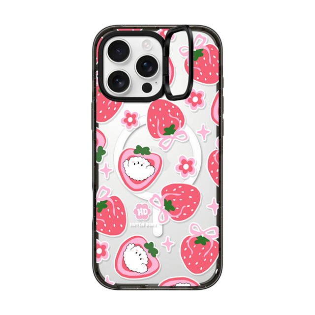 Huyen Dinh x CASETiFY iPhone 16 Pro Max ケース ブラック インパクトリングスタンドケース MagSafe対応 Bichon Bibo Dog and Strawberry Bow Pattern