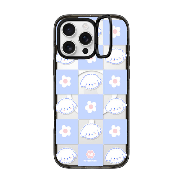 Huyen Dinh x CASETiFY iPhone 16 Pro Max ケース ブラック インパクトリングスタンドケース MagSafe対応 Bichon Bibo Dog Pastel Checker with Flower