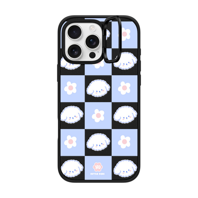 Huyen Dinh x CASETiFY iPhone 16 Pro Max ケース マットブラック インパクトリングスタンドケース MagSafe対応 Bichon Bibo Dog Pastel Checker with Flower