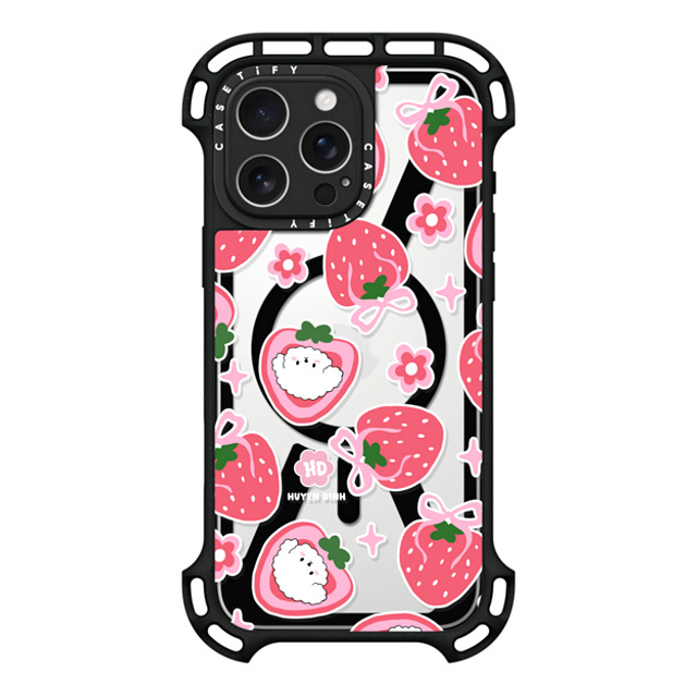 Huyen Dinh x CASETiFY iPhone 16 Pro Max ケース ブラック ウルトラ バウンスケース MagSafe対応 Bichon Bibo Dog and Strawberry Bow Pattern