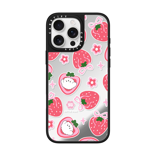 Huyen Dinh x CASETiFY iPhone 16 Pro Max ケース Silver on Black ミラーケース MagSafe対応 Bichon Bibo Dog and Strawberry Bow Pattern