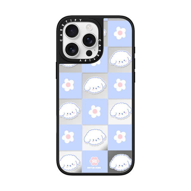 Huyen Dinh x CASETiFY iPhone 16 Pro Max ケース Silver on Black ミラーケース MagSafe対応 Bichon Bibo Dog Pastel Checker with Flower