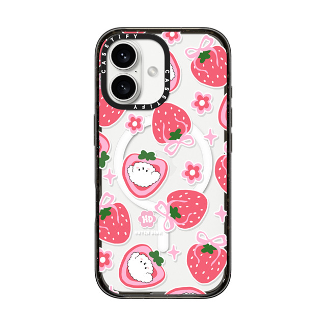 Huyen Dinh x CASETiFY iPhone 16 ケース ブラック インパクトケース MagSafe対応 Bichon Bibo Dog and Strawberry Bow Pattern