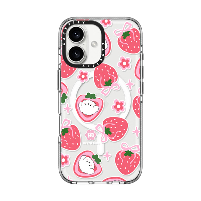 Huyen Dinh x CASETiFY iPhone 16 ケース クリア クリア ケース MagSafe対応 Bichon Bibo Dog and Strawberry Bow Pattern