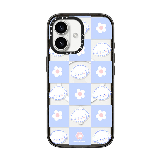 Huyen Dinh x CASETiFY iPhone 16 ケース ブラック インパクトケース MagSafe対応 Bichon Bibo Dog Pastel Checker with Flower