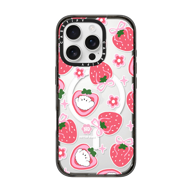 Huyen Dinh x CASETiFY iPhone 16 Pro ケース ブラック インパクトケース MagSafe対応 Bichon Bibo Dog and Strawberry Bow Pattern