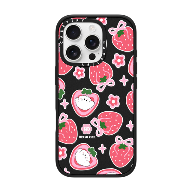 Huyen Dinh x CASETiFY iPhone 16 Pro ケース マットブラック インパクトケース MagSafe対応 Bichon Bibo Dog and Strawberry Bow Pattern