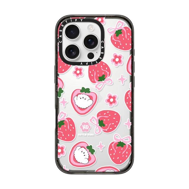 Huyen Dinh x CASETiFY iPhone 16 Pro ケース ブラック インパクトケース Bichon Bibo Dog and Strawberry Bow Pattern