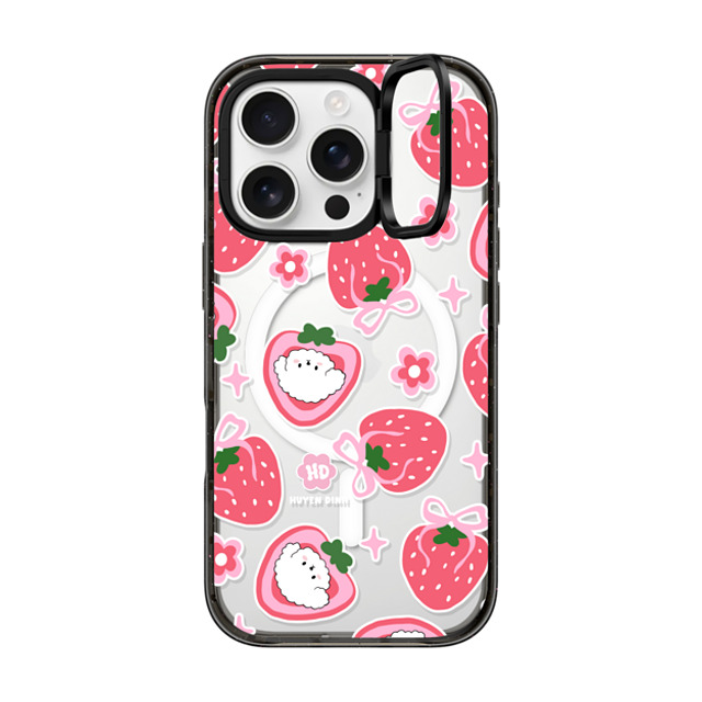 Huyen Dinh x CASETiFY iPhone 16 Pro ケース ブラック インパクトリングスタンドケース MagSafe対応 Bichon Bibo Dog and Strawberry Bow Pattern