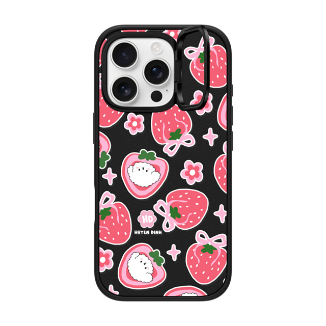 Huyen Dinh x CASETiFY iPhone 16 Pro ケース マットブラック インパクトリングスタンドケース MagSafe対応 Bichon Bibo Dog and Strawberry Bow Pattern