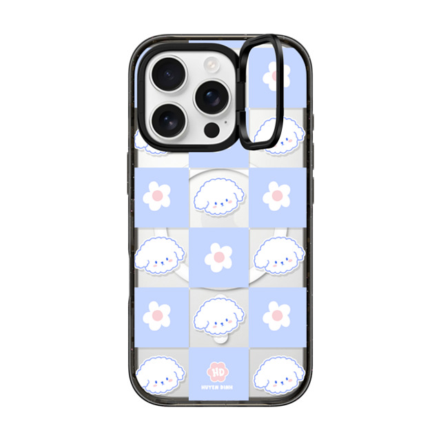 Huyen Dinh x CASETiFY iPhone 16 Pro ケース ブラック インパクトリングスタンドケース MagSafe対応 Bichon Bibo Dog Pastel Checker with Flower