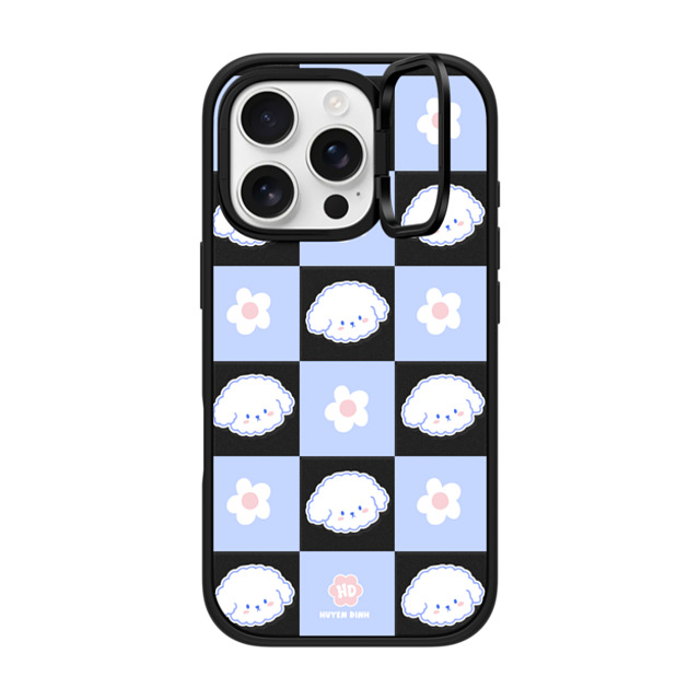 Huyen Dinh x CASETiFY iPhone 16 Pro ケース マットブラック インパクトリングスタンドケース MagSafe対応 Bichon Bibo Dog Pastel Checker with Flower