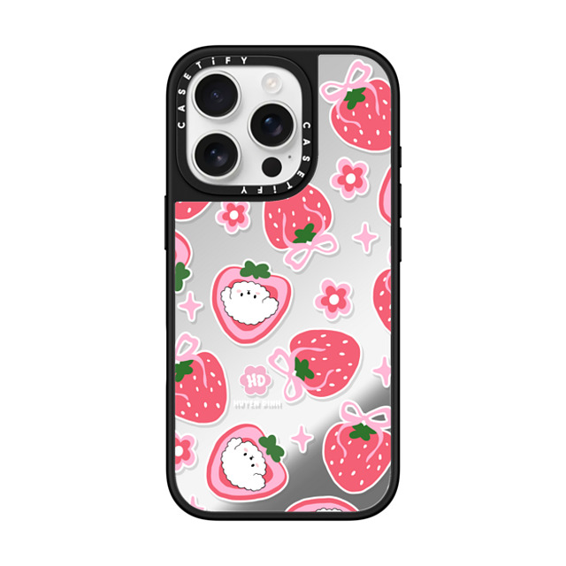 Huyen Dinh x CASETiFY iPhone 16 Pro ケース Silver on Black ミラーケース MagSafe対応 Bichon Bibo Dog and Strawberry Bow Pattern