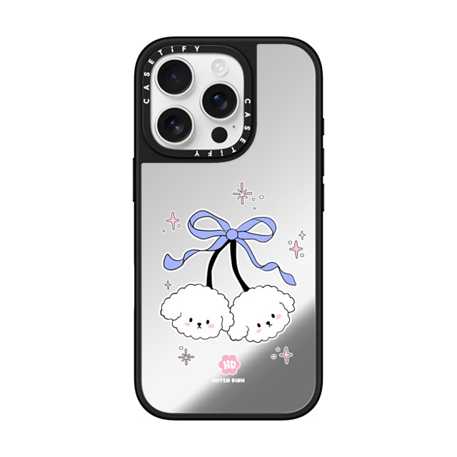 Huyen Dinh x CASETiFY iPhone 16 Pro ケース Silver on Black ミラーケース MagSafe対応 Bichon Bibo White Cherry