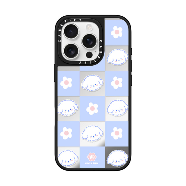 Huyen Dinh x CASETiFY iPhone 16 Pro ケース Silver on Black ミラーケース MagSafe対応 Bichon Bibo Dog Pastel Checker with Flower