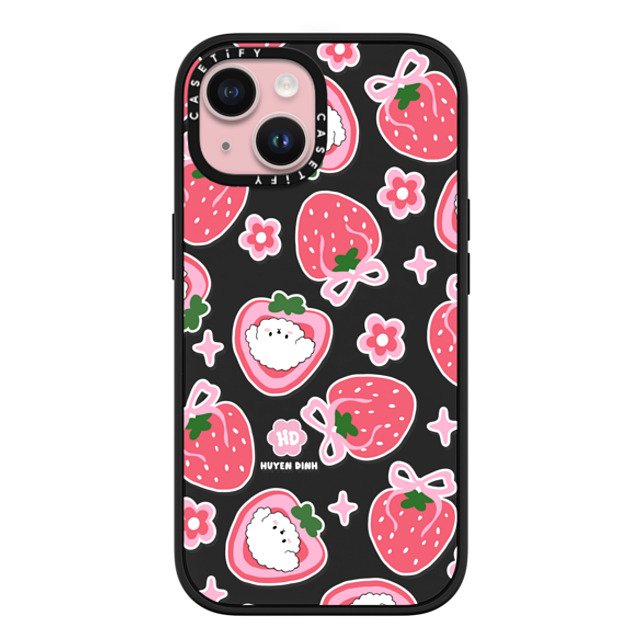 Huyen Dinh x CASETiFY iPhone 15 ケース マットブラック インパクトケース MagSafe対応 Bichon Bibo Dog and Strawberry Bow Pattern