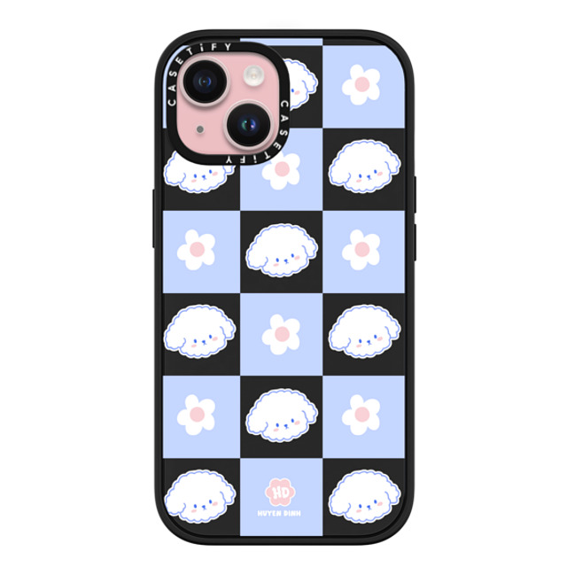 Huyen Dinh x CASETiFY iPhone 15 ケース マットブラック インパクトケース MagSafe対応 Bichon Bibo Dog Pastel Checker with Flower