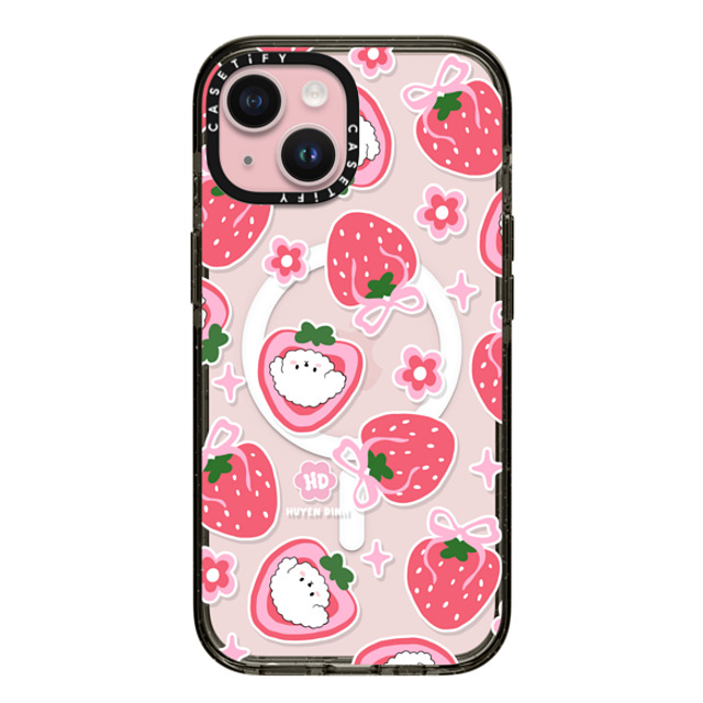 Huyen Dinh x CASETiFY iPhone 15 ケース ブラック インパクトケース MagSafe対応 Bichon Bibo Dog and Strawberry Bow Pattern