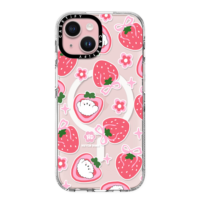 Huyen Dinh x CASETiFY iPhone 15 ケース クリア クリア ケース MagSafe対応 Bichon Bibo Dog and Strawberry Bow Pattern