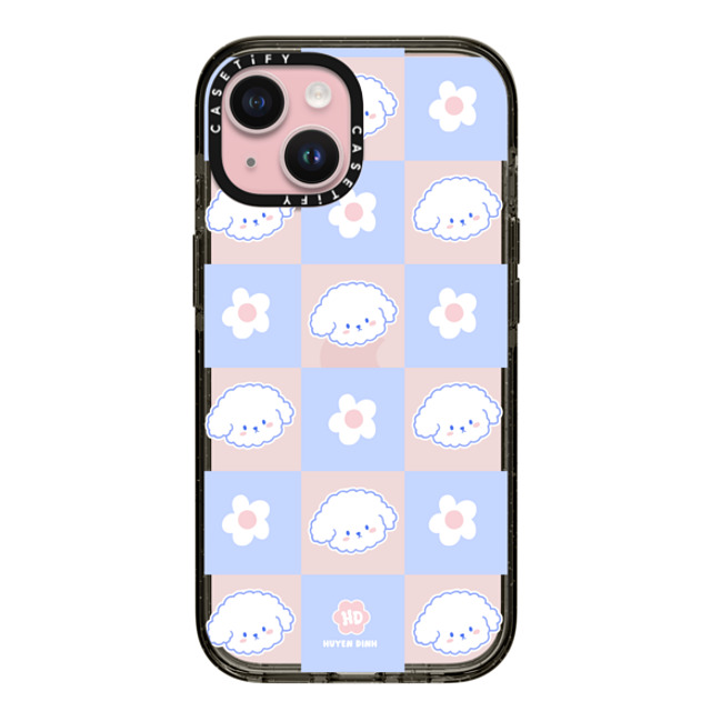 Huyen Dinh x CASETiFY iPhone 15 ケース ブラック インパクトケース Bichon Bibo Dog Pastel Checker with Flower