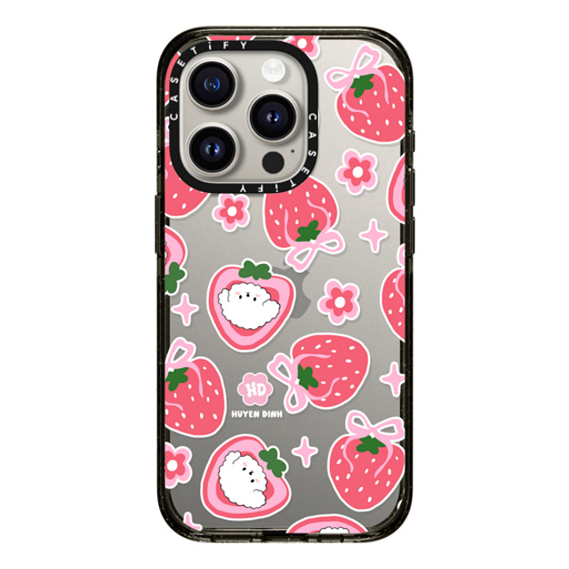 Huyen Dinh x CASETiFY iPhone 15 Pro ケース ブラック インパクトケース Bichon Bibo Dog and Strawberry Bow Pattern