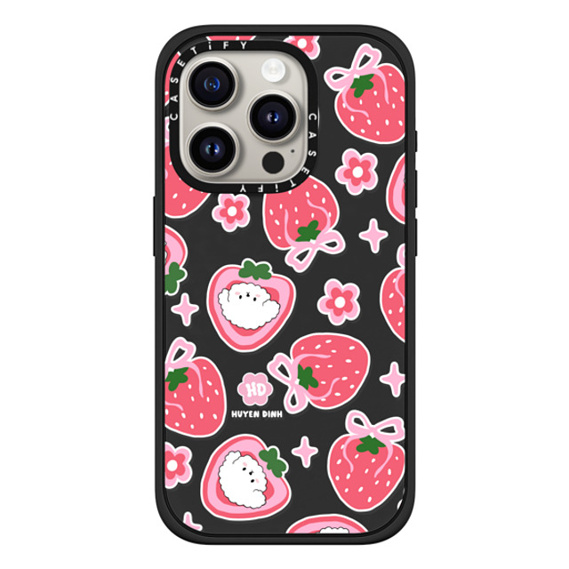 Huyen Dinh x CASETiFY iPhone 15 Pro ケース マットブラック インパクトケース MagSafe対応 Bichon Bibo Dog and Strawberry Bow Pattern