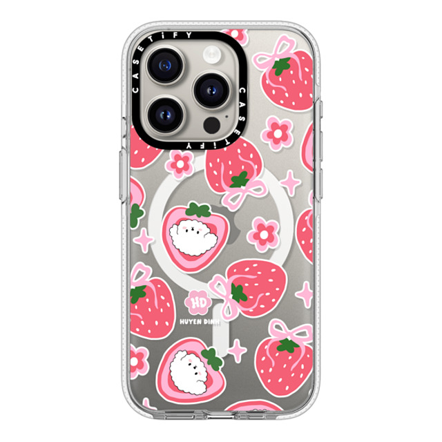 Huyen Dinh x CASETiFY iPhone 15 Pro ケース クリア クリア ケース MagSafe対応 Bichon Bibo Dog and Strawberry Bow Pattern