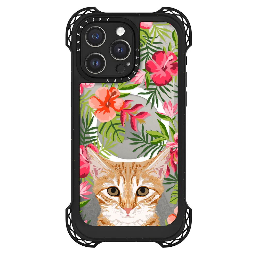 Orange Tabby cat hawaiian florals tropical summer watercolor