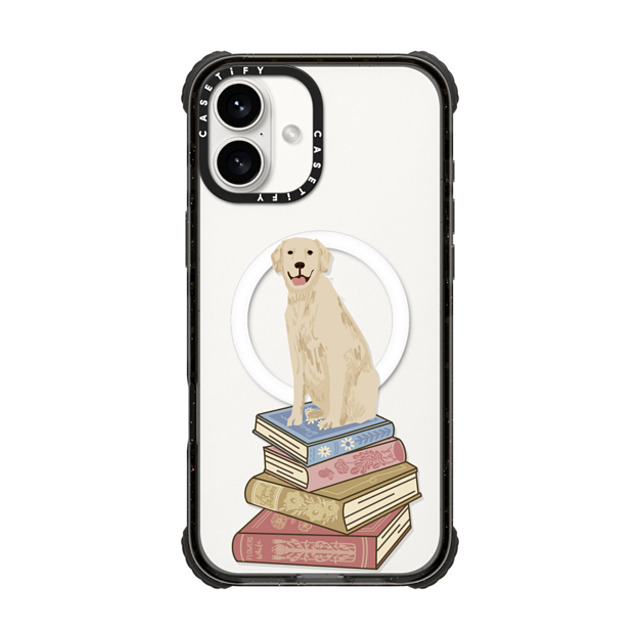 CASETiFY iPhone 16 Plus ケース ブラック ウルトラ インパクトケース MagSafe 対応 Golden Retriever Dog Book Stack Bibliophile Book Lover Booktok TBR cute dog case pet friendly