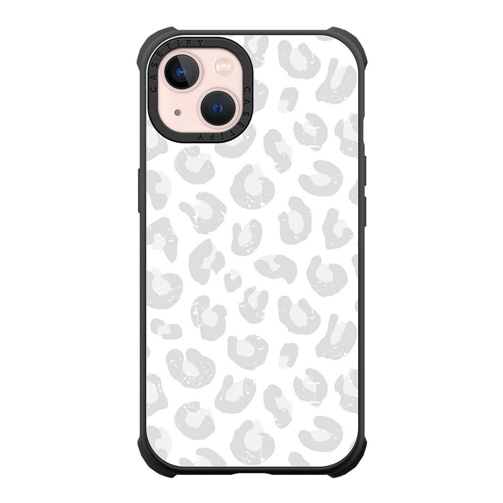 Ultra Compostable iPhone 13 Case - SILVER GRAY LEOPARD PRINT ON WHITE ELEGANT DAISY BEATRICE