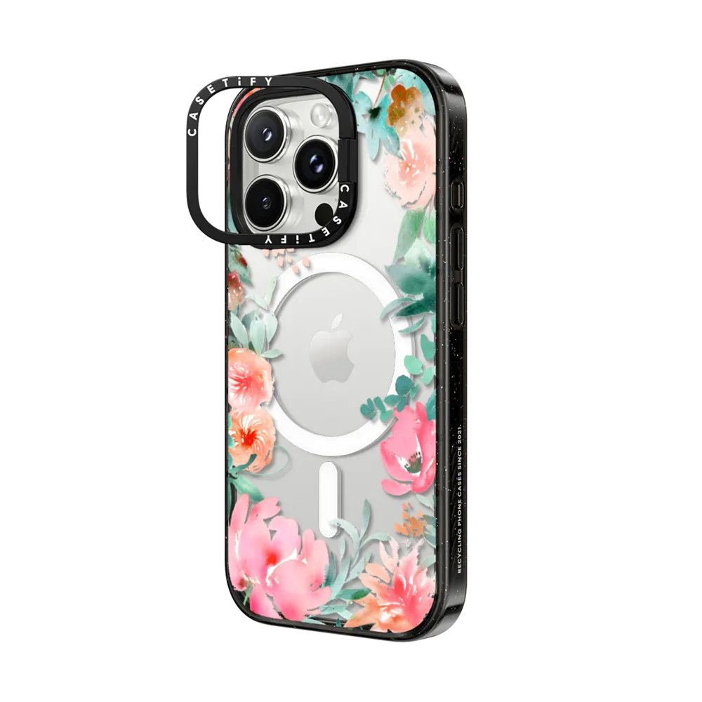 Impact Ring Stand iPhone 16 Pro Max Case MagSafe Compatible - Lush Floral Watercolor Transparent by Julie Song Ink