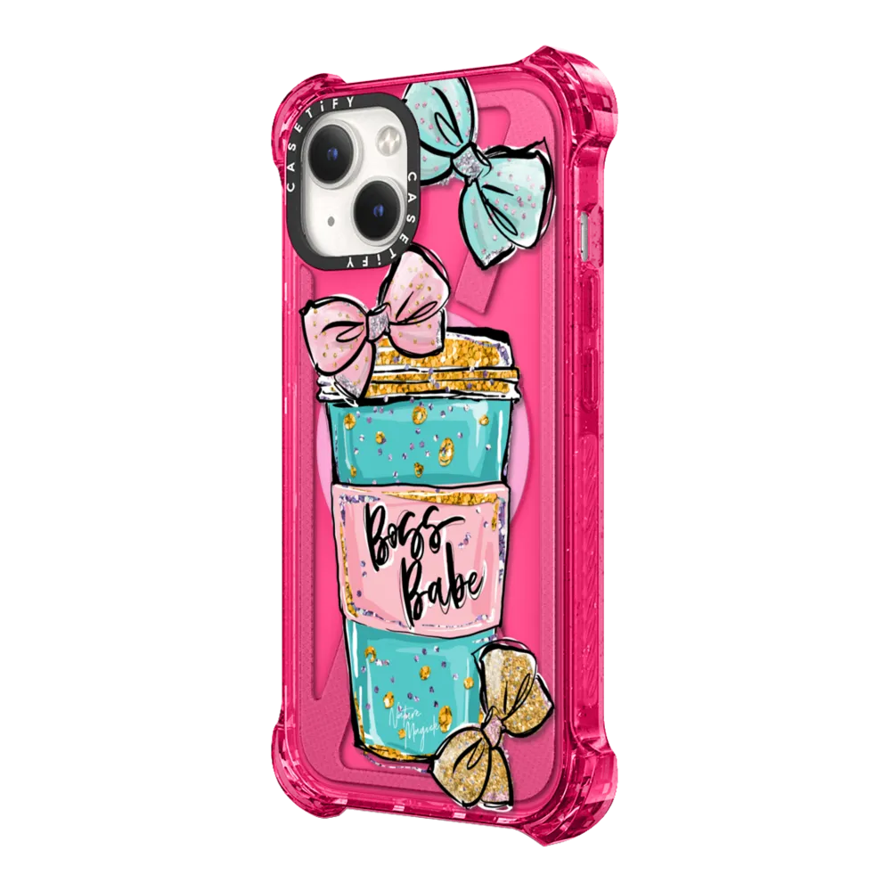 Bounce iPhone 14 Plus Case MagSafe Compatible - Boss Babe Coffee Cup with Bows Gold Teal Pink by Nature Magick