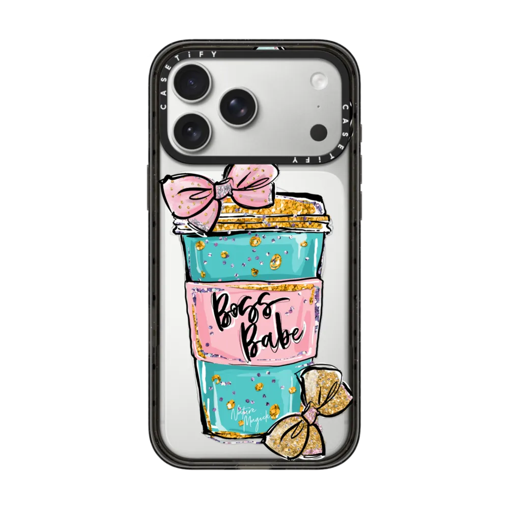 Impact iPhone 17 Pro Max Case MagSafe Compatible - Boss Babe Coffee Cup with Bows Gold Teal Pink by Nature Magick