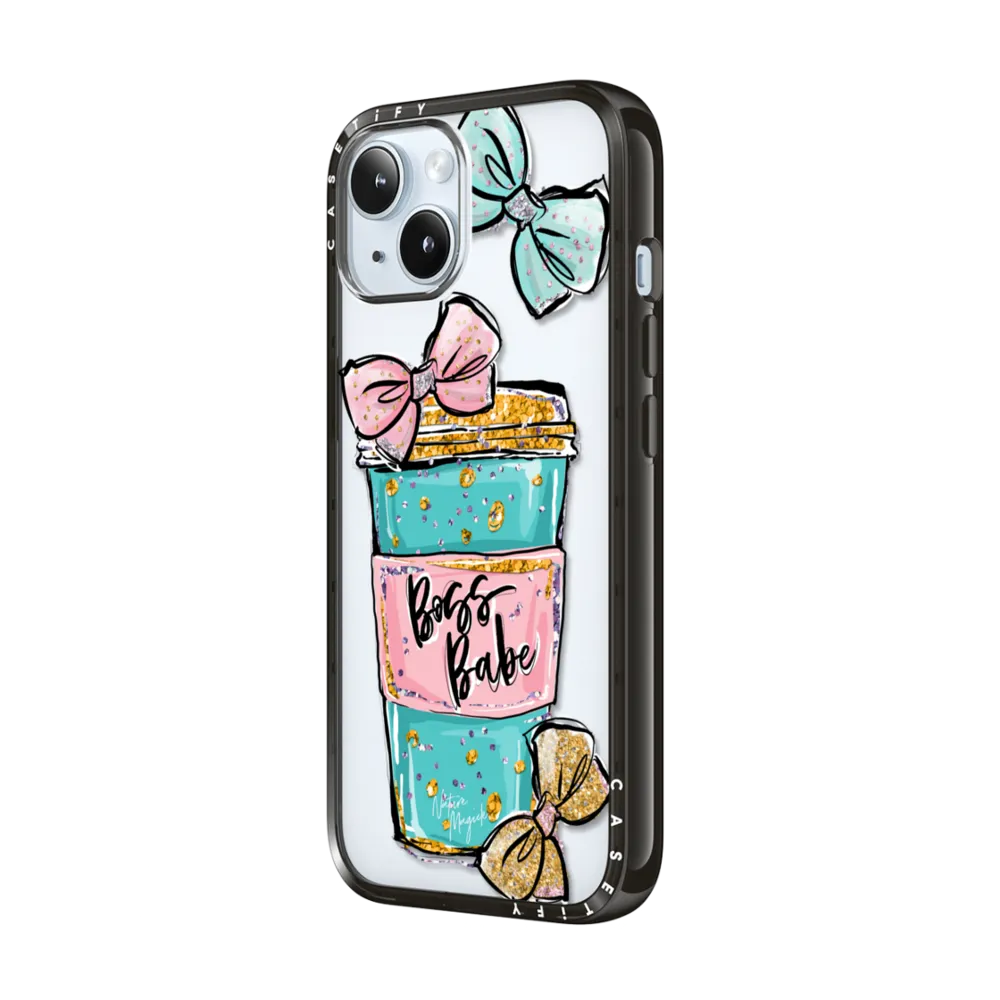 Compact iPhone 15 Plus Case - Boss Babe Coffee Cup with Bows Gold Teal Pink by Nature Magick