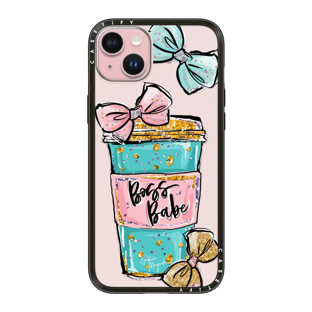 Compact iPhone 15 Plus Case - Boss Babe Coffee Cup with Bows Gold Teal Pink by Nature Magick