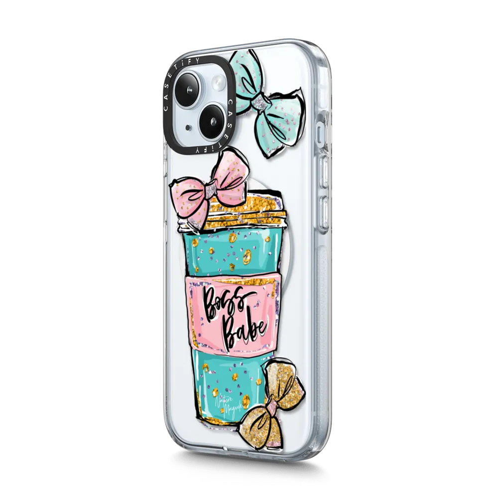 Impact Clear iPhone 15 Plus Case MagSafe Compatible - Boss Babe Coffee Cup with Bows Gold Teal Pink by Nature Magick