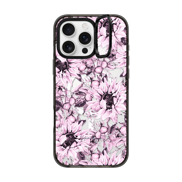 Nature Magick x CASETiFY iPhone 16 Pro Max ケース ブラック インパクトリングスタンドケース MagSafe対応 Pink Sunflowers Watercolor Floral Flowers by Nature Magick